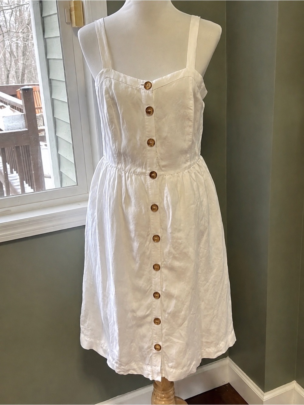 LOFT White Linen Blend Button Front Fit Flare Sundress Size 6 Pockets - Picture 3 of 17